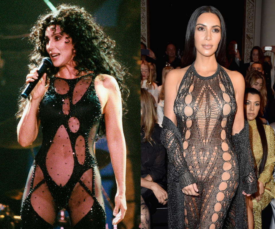 Strategically placed holes on Cher’s and West’s bodysuits reveal a lot — but not too much!