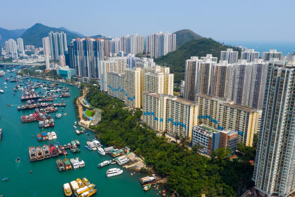 Aberdeen, Hong Kong 12 May 2019: Drone fly over Hong Kong city with typhoon shelter