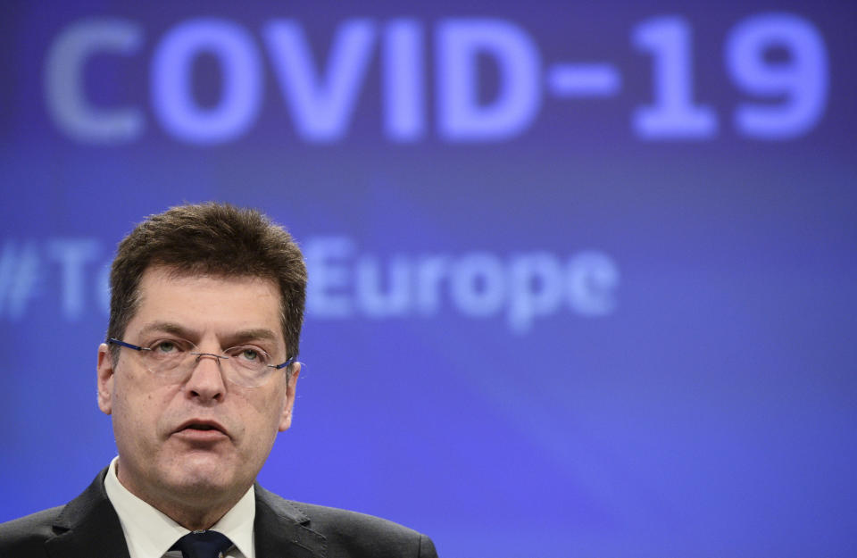 European Commissioner for Crisis Management Janez Lenarcic speaks during a news conference at the EU headquarters in Brussels, Wednesday, March 10, 2021. The European Union unveiled Wednesday plans to step up its international aid efforts, support humanitarian agencies and encourage new donors as the coronavirus weighs on several crises around the world. (Johanna Geron, Pool Photo via AP)