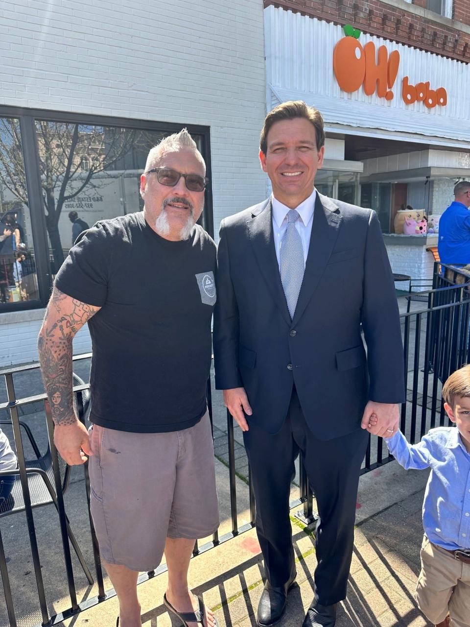 Pro-life activist Bryan Kemper, left, meets Gov. Ron DeSantis in Troy, Ohio, on April 13, 2023. Late that day, after returning to Florida, DeSantis signed the "Heartbeat Protection Act" into law, barring abortion in Florida after six weeks of pregnancy.