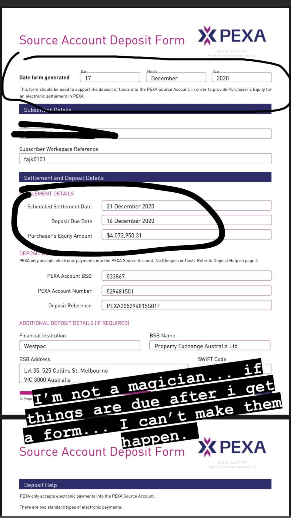 Ms Fajk took to Instagram, sharing a photo of a form she apparently received from a property company saying she owed $4,072,950 on December 16, but was date at the top stated the form wasn't even created until December 17. Photo: Instagram/__wampire