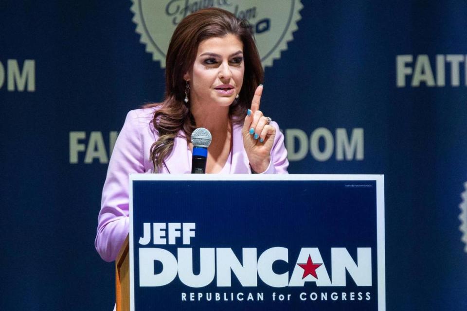 Florida First Lady Casey DeSantis speaks to the annual Faith and Freedom Barbeque on Monday, August 28, 2023. Her husband, Governor Ron DeSantis, is in Florida while Tropical Storm Idalia approaches his state.