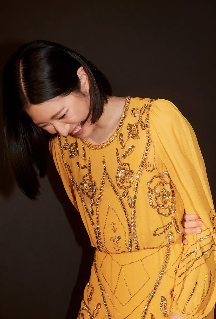 model wearing mustard yellow embellished Let Me Be Juliet Sheer Maxi Dress (Photo via Anthropologie)