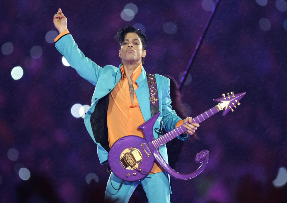 FILE - Prince performs during the halftime show at the Super Bowl XLI football game in Miami, Feb. 4, 2007. Prince, who died in 2016, starred in the film "Purple Rain." (AP Photo/Chris O'Meara, File)