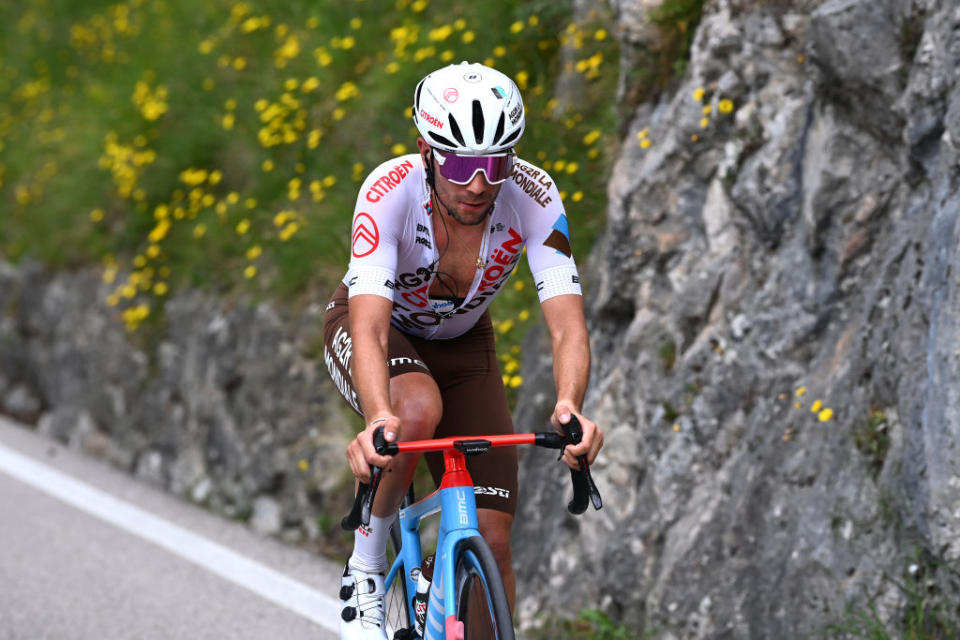 BRENTONICO SAN VALENTINO ITALY  APRIL 19 Andrea Vendrame of Italy and Ag2R Citron Team competes in the breakaway during the 46th Tour of the Alps 2023 Stage 3 a 1625km stage from Ritten to Brentonico San Valentino 1321m on April 19 2023 in Brentonico San Valentino Italy Photo by Tim de WaeleGetty Images