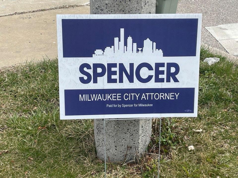 A yard sign for City Attorney Tearman Spencer's re-election campaign is seen in Milwaukee. Spencer appears on the Milwaukee ballot as "T. Spencer," and his campaign signs and mailings omit refefrences to his first name.