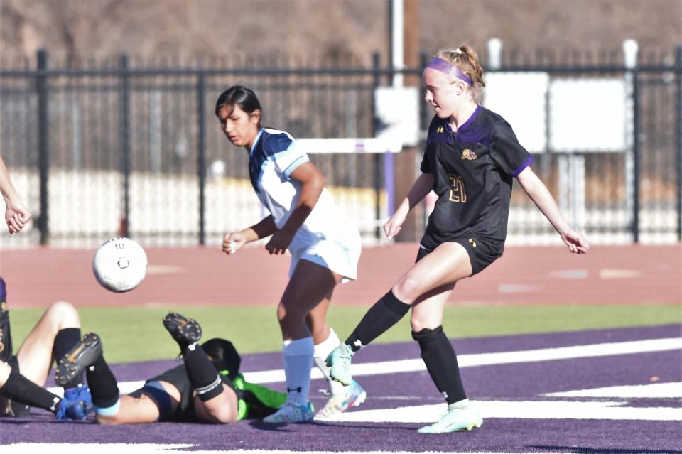 Wylie's Addison Adkins (21) delivers the first goal of Tuesday's game against Midland Greenwood. The goal came 27 seconds into the 10-0 victory.