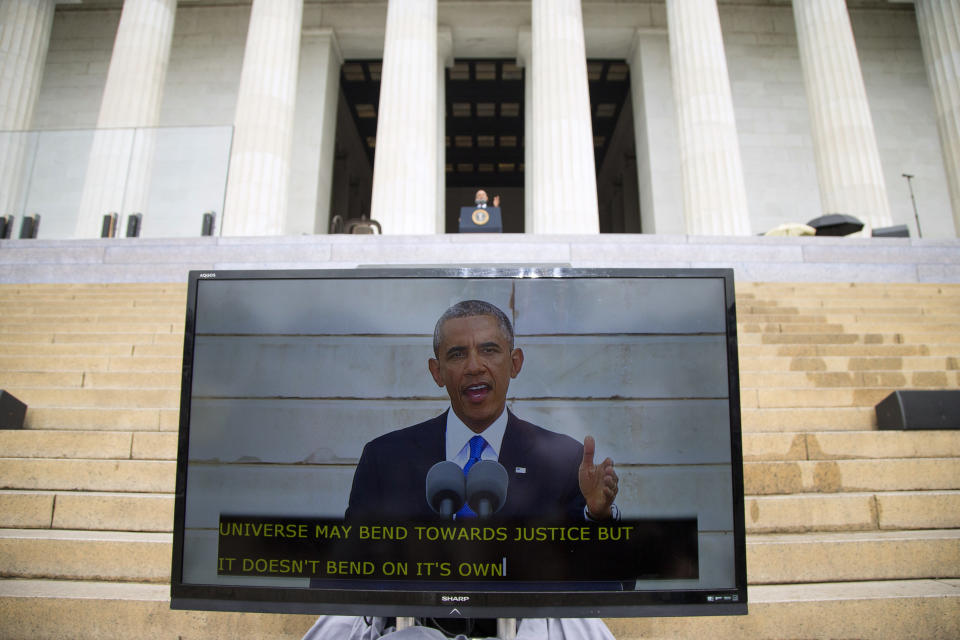 FILE - Seen on a monitor, President Barack Obama speaks at a ceremony commemorating the 50th anniversary of the March on Washington, Wednesday, Aug. 28, 2013, at the Lincoln Memorial in Washington. The president was set to lead civil rights pioneers Wednesday in a ceremony for the 50th anniversary of the March on Washington, where Dr. Martin Luther King's "I Have a Dream" speech roused the 250,000 people who rallied there decades ago for racial equality. (AP Photo/Evan Vucci, File)