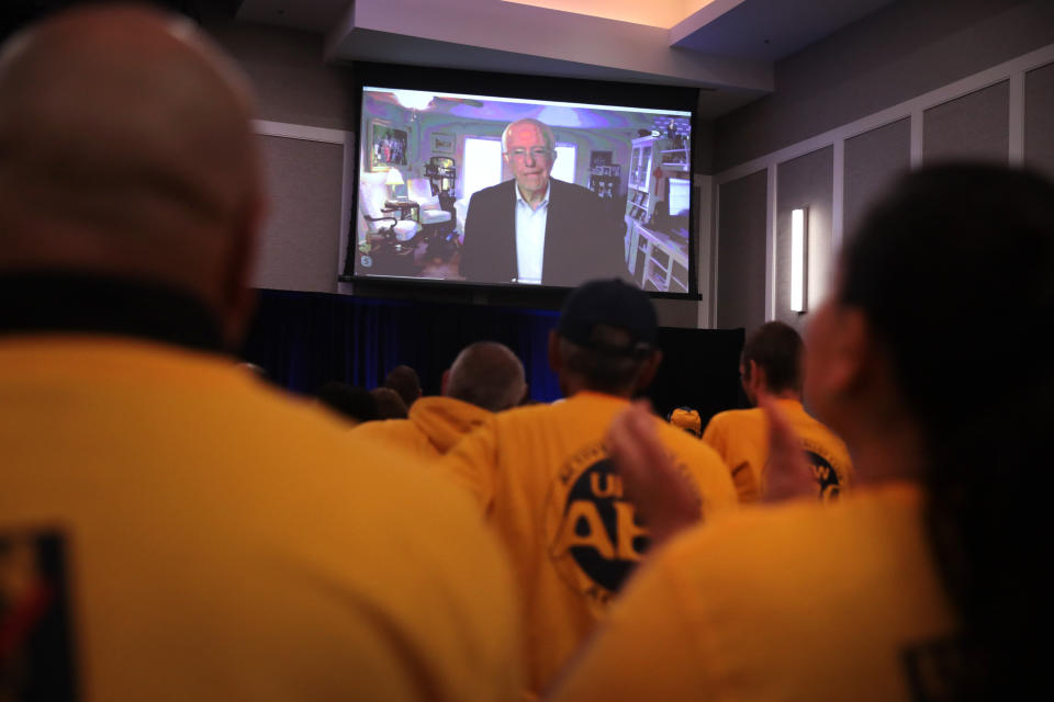 Sanders spoke to the UFCW gathering via Skype.&nbsp; (Photo: Scott Olson via Getty Images)