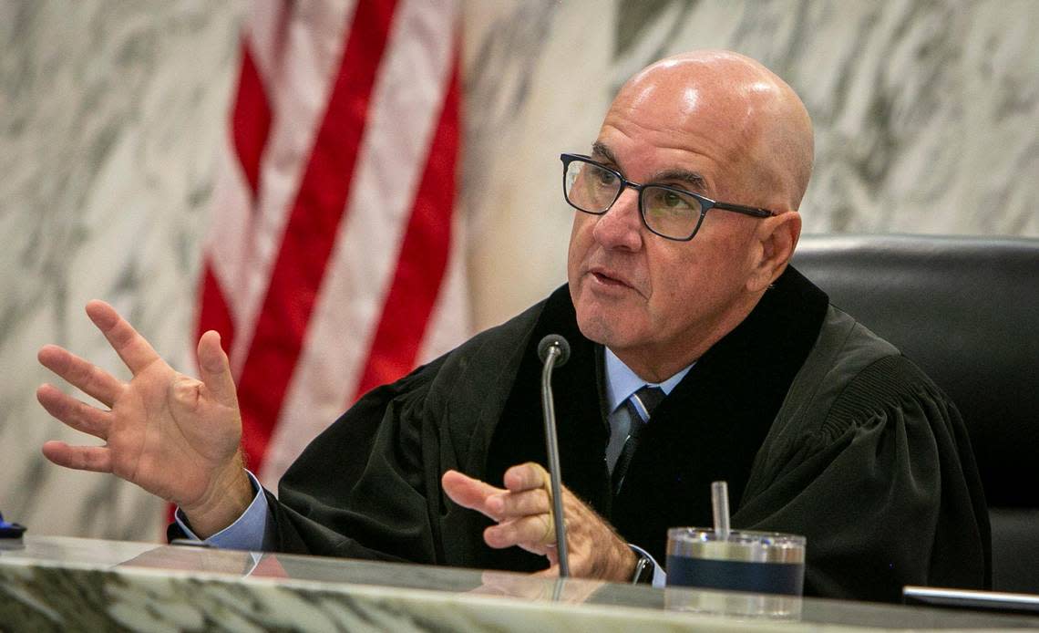 Judge Michael Hanzman speaks during a hearing to discuss the litigation involved with the collapse of Champlain Towers South at Miami-Dade Children’s Courthouse, July 14, 2021. Hanzman heard from 79 families who lost a loved one in the June 24, 2021, collapse as part of meting out their settlement claims. In total, 98 people died in the collapse.