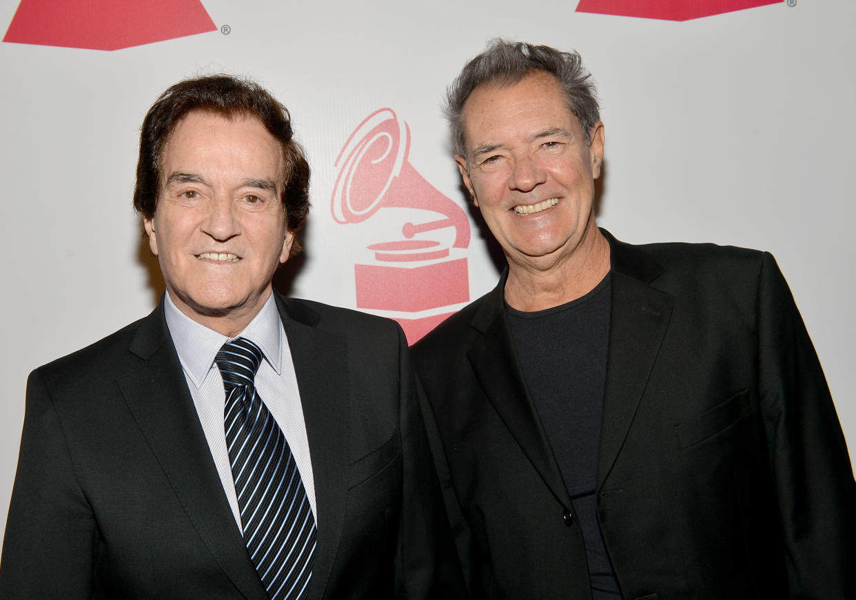 LAS VEGAS, NV - NOVEMBER 19:  Singers Manuel de la Calva (L) and Ramon Arcusa of Duo Dinamico attend the 2014 Latin Recording Academy Special Awards at the Hollywood Theatre at the MGM Grand Hotel/Casino on November 19, 2014 in Las Vegas, Nevada.  (Photo by Rodrigo Varela/WireImage)