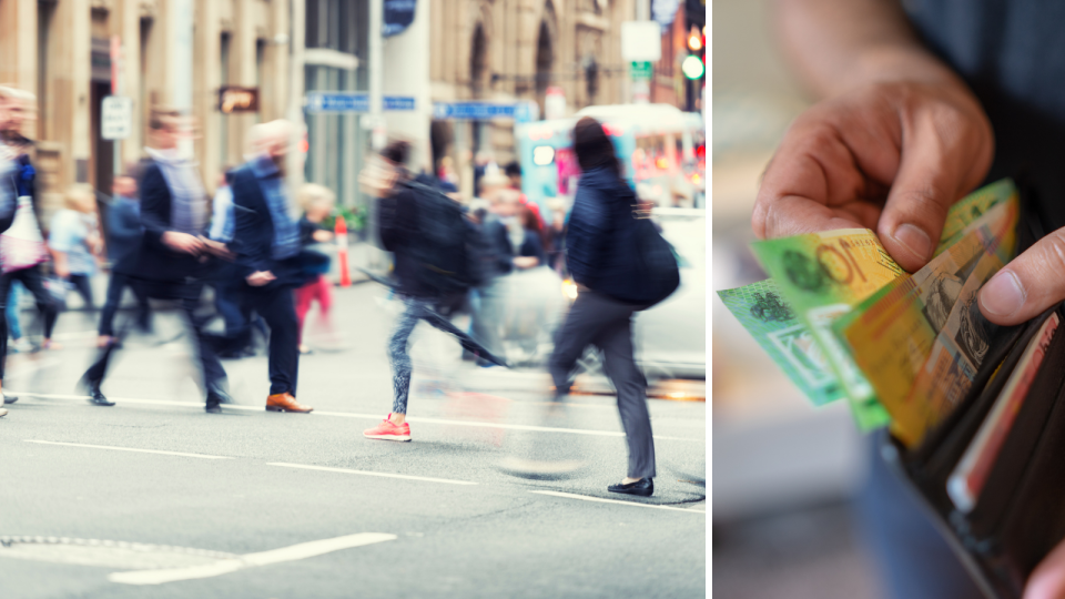 People cross a road in the Sydney CBD at rush hour. A man removes money from a wallet.