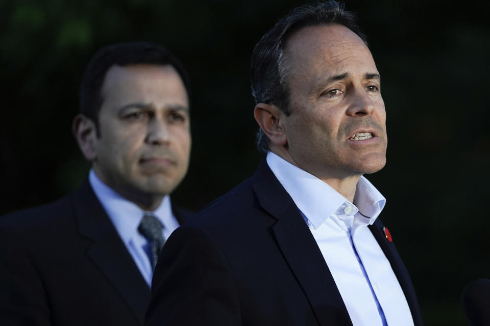 Kentucky Gov. Matt Bevin and Kentucky Senator Ralph Alvarado, the republican nominee for lieutenant governor, speak to the media after winning the republican gubernatorial primary, in Frankfort, Ky., Tuesday, May 21, 2019. (AP Photo/Bryan Woolston)