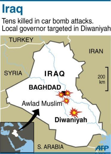 Map of Iraq locating bomb attacks in Diwaniyah, Baghdad and Awlad Muslim. Two suicide car bombs ripped through a guard post killing 26 people outside the provincial governor's home in Diwaniyah city, officials said, as violence surged across Iraq