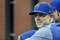 May 21, 2018; New York City, NY, USA; New York Mets' David Wright looks on from the dugout against the Miami Marlins during the first inning at Citi Field. Mandatory Credit: Adam Hunger-USA TODAY Sports