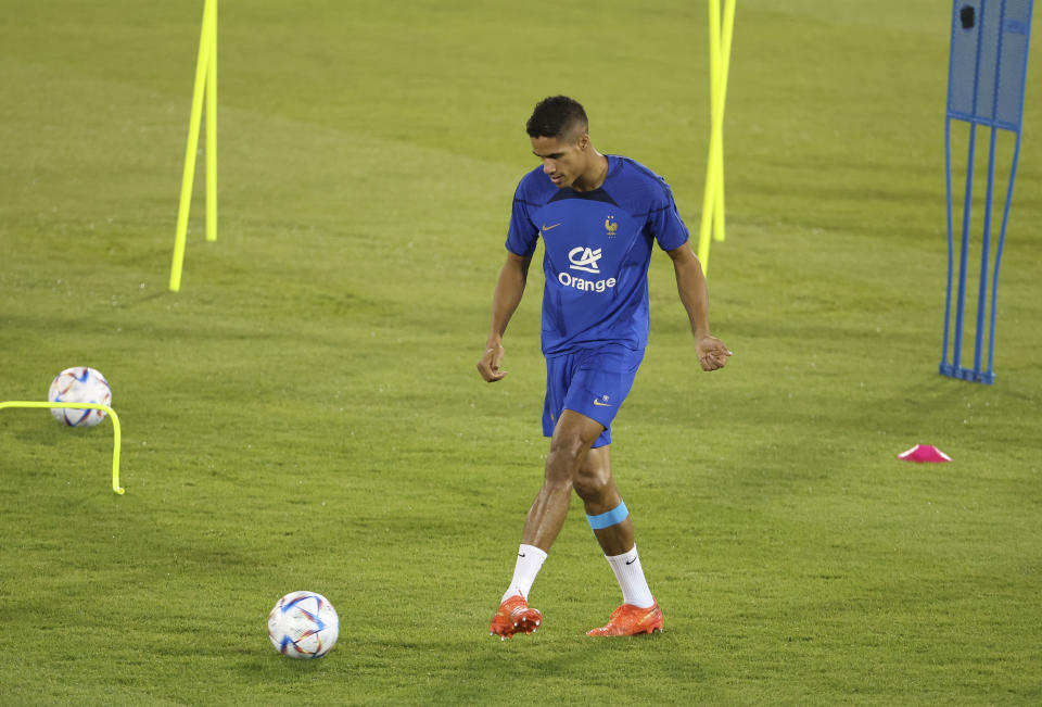 DOHA, QATAR - NOVEMBER 19: Raphael Varane of France during Team France practice session ahead of the FIFA World Cup Qatar 2022 at Al Sadd SC Stadium on November 19, 2022 in Doha, Qatar. (Photo by Jean Catuffe/Getty Images)