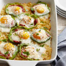 <p>This hash brown and egg dish with sweet green pepper rings is easy to create and perfect for brunch or breakfast.</p> <p> <a href="https://www.eatingwell.com/recipe/263009/sweet-pepper-hash-brown-baked-eggs/" rel="nofollow noopener" target="_blank" data-ylk="slk:View Recipe;elm:context_link;itc:0;sec:content-canvas" class="link ">View Recipe</a></p>