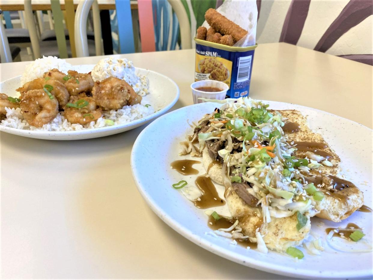 Lani Moku Grill's garlic shrimp plate lunch, spam fries and kalua pig sliders.