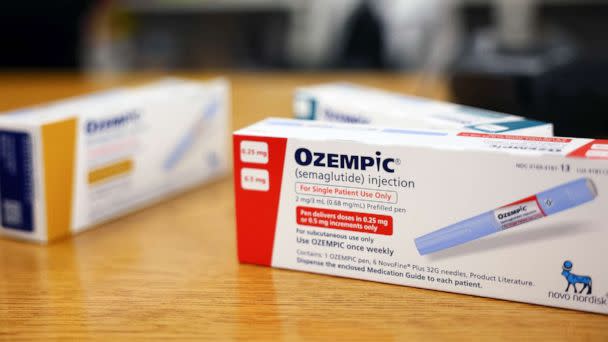 PHOTO: FILE - Boxes of the diabetes drug Ozempic rest on a pharmacy counter, April 17, 2023 in Los Angeles. (Mario Tama/Getty Images, FILE)