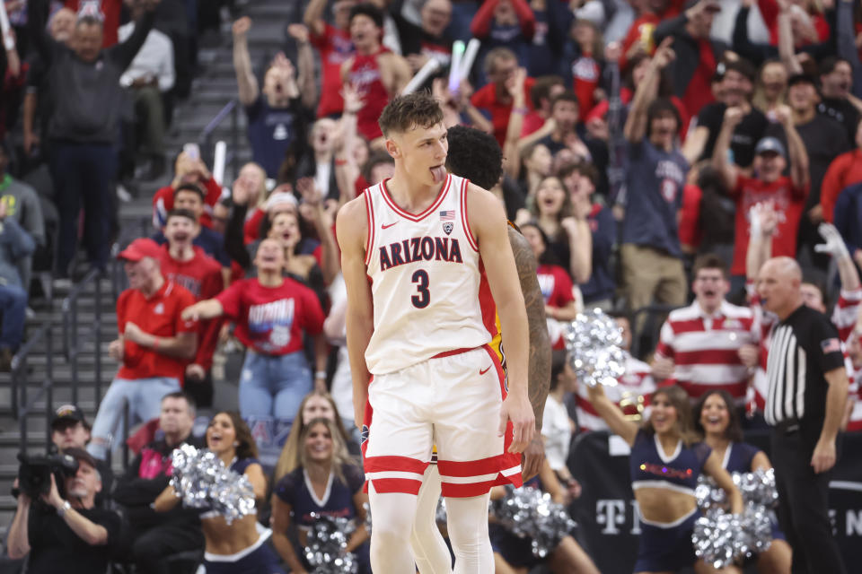 Arizona guard Pelle Larsson (3) reacts after scoring against Arizona State during the second half of an NCAA college basketball game in the semifinals of the Pac-12 Tournament, Friday, March 10, 2023, in Las Vegas. (AP Photo/Chase Stevens)