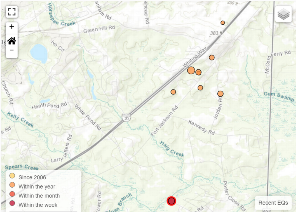 The Department of Natural Resources has recorded a cluster of nine earthquakes in the 365 days before Oct. 7, 2023 near Elgin, South Carolina. The most recent earthquake, occurring on Oct. 6, 2023 is highlighted in red.