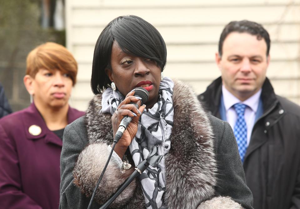 Councilwoman Rev. Dr. Lilisa Mimms speaks during the celebration of redevelopment and expansion of the Rev. Dr. Martin Luther King Jr. Park with planting of seven new trees. The Park commemorates the visit of Rev. Dr. Martin Luther King Jr. to Bethel AME Church in 1968, the week before he was assassinated. November 30, 2018, Paterson, NJ