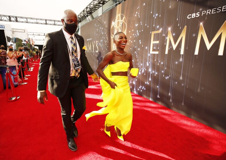 LOS ANGELES, CA - SEPTEMBER 19: Michaela Coel arrives on the red carpet for the 73rd Annual Emmy Awards taking place at LA Live on/ Sunday, Sept. 19, 2021 in Los Angeles, CA. (Al Seib / Los Angeles Times)