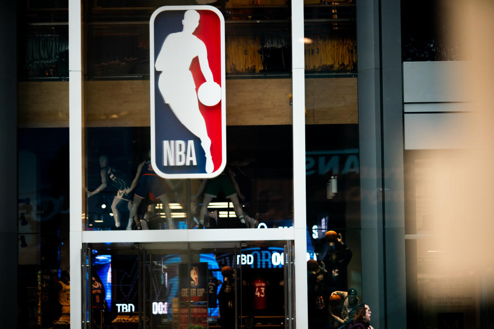 NEW YORK, NY - MARCH 12: An NBA logo is shown at the 5th Avenue NBA store on March 12, 2020 in New York City. The National Basketball Association said they would suspend all games after player Rudy Gobert of the Utah Jazz reportedly tested positive for the Coronavirus (COVID-19). (Photo by Jeenah Moon/Getty Images)