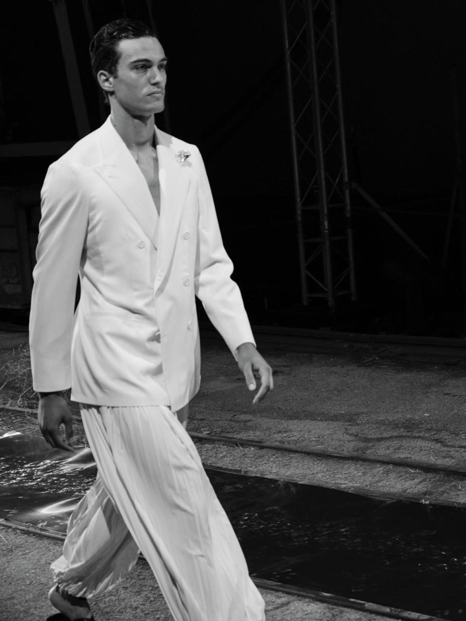 A runway look from Marios Schwab’s debut menswear collection for Zeus + Dione.