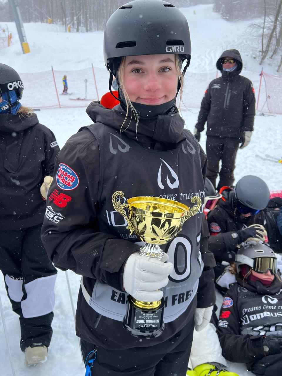 Hopewell Junction's Eden Kruger poses with her first-place trophy after winning a mogul duals skiing championship at the U.S. Freestyle Junior Nationals in Utah on March 17, 2024.