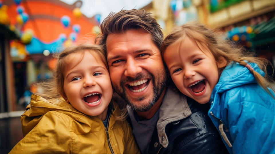 A family at the entrance of a theme park, full of joy and anticipation for the day ahead.