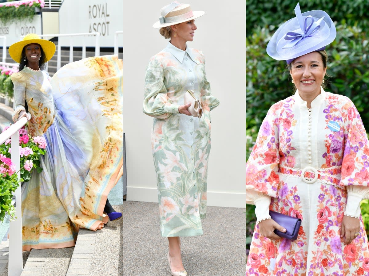 From left to right: Model Eunice Olumide, Zara Tindall, and an unnamed racegoer attend the first day of Royal Ascot on 20 June 2023 (Getty/PA)