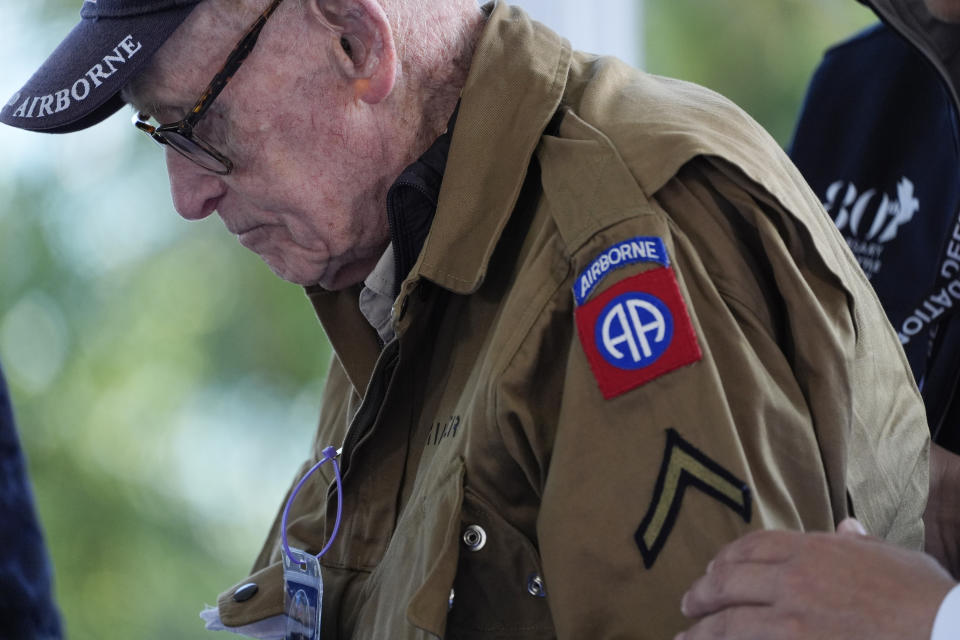 A World War II veteran arrives for ceremonies to mark the 80th anniversary of D-Day, Thursday, June 6, 2024, in Normandy. (AP Photo/Evan Vucci)