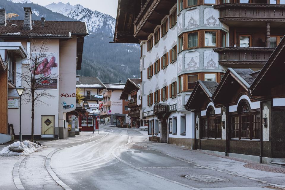 A street is pictured in Mayrhofen in Tyrol, Austria on February 4, 2021, amid the ongoing coronavirus Covid-19 pandemic. - The Austrian government on February 4, 2021 rejected a possible lockdown of Tyrol, after alarmist remarks by a virologist denouncing the passivity towards the South African variant and warning of a new health scandal. (Photo by - / various sources / AFP) / Austria OUT (Photo by -/EXPA/AFP via Getty Images)