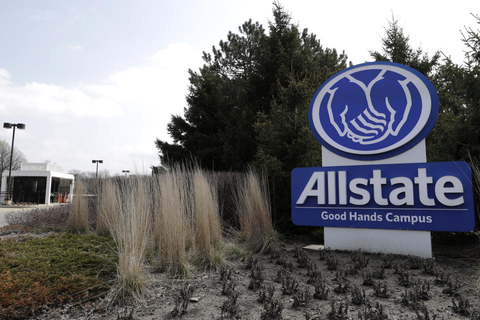 Allstate Company sign is seen in front of Allstate company in Northbrook, Ill., Tuesday, April 7, 2020. Allstate said there have been fewer vehicle accidents during the COVID-19 pandemic as people stay home more to slow the spread of the virus. The Allstate "Shelter-in-Place Payback" will give more than $600 million in April and May for auto insurance customers. (AP Photo/Nam Y. Huh)