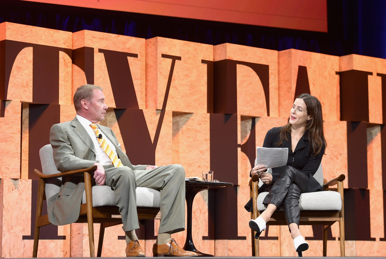 BEVERLY HILLS, CA - OCTOBER 03:  CEO of DoubleLine Capital Jeffrey Gundlach and Contributing Editor at Vanity Fair Bethany McLean speak onstage during Vanity Fair New Establishment Summit at Wallis Annenberg Center for the Performing Arts on October 3, 2017 in Beverly Hills, California.  (Photo by Matt Winkelmeyer/Getty Images)