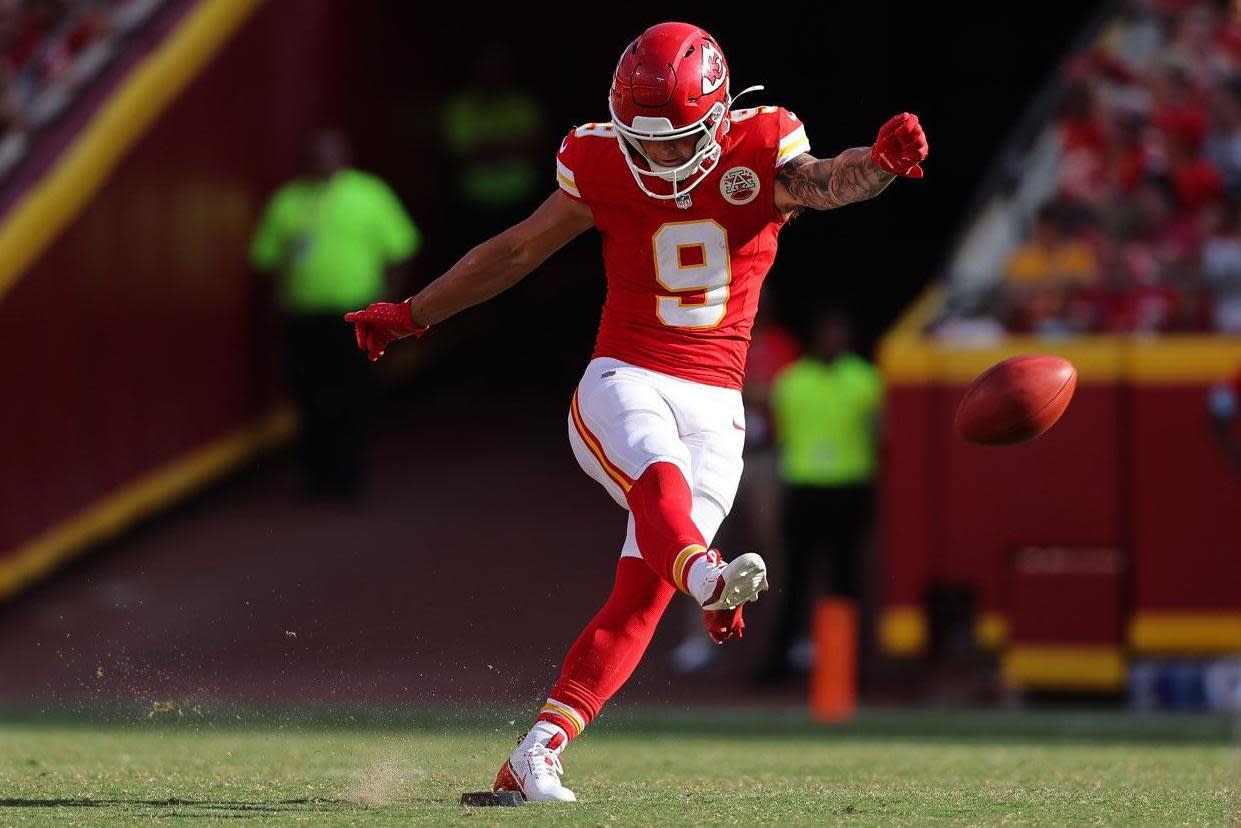 Louis Rees-Zammit kicks off during the fourth quarter pre-season game against the Detroit Lions on 17 August