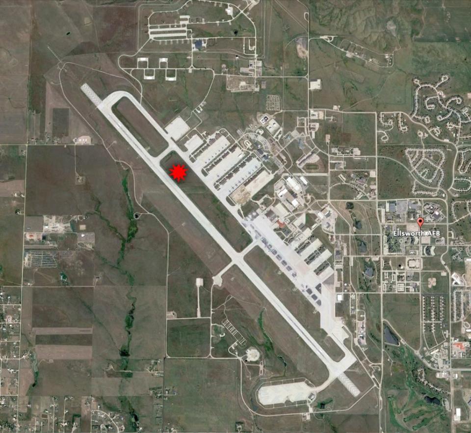 A map showing the approximate location of the crashed B-1B at Ellsworth. <em>Google Earth</em>