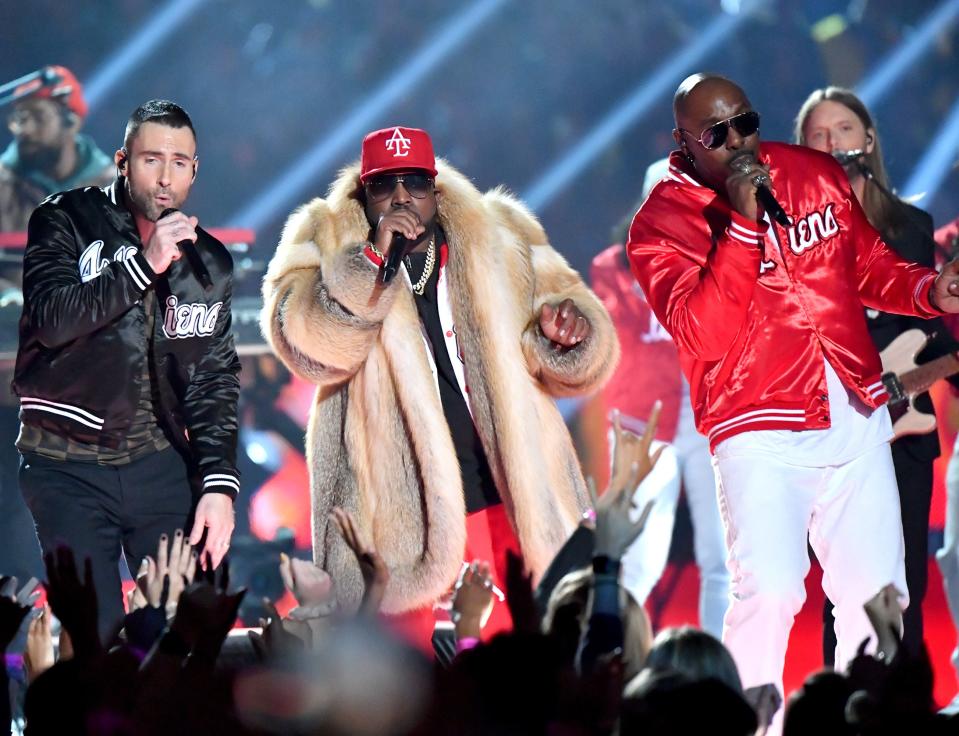 Adam Levine of Maroon 5, Big Boi and Sleepy Brown perform during the Pepsi Super Bowl LIII Halftime Show