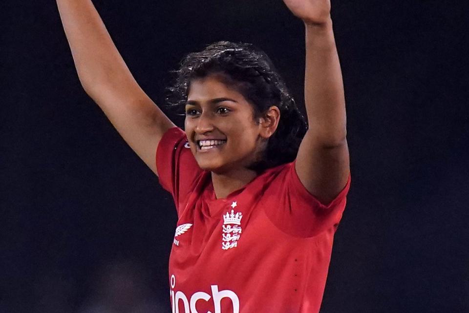 Delightful debut: Mahika Gaur marked her first England appearance with a wicket against Sri Lanka at Hove  (PA)