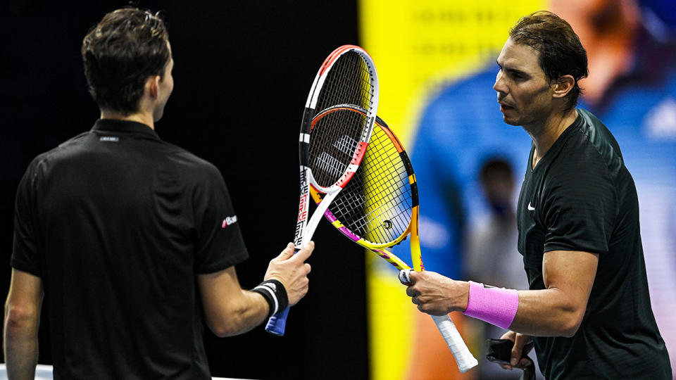 Dominic Thiem and Rafael Nadal, pictured here after their match at the ATP World Tour Finals. 