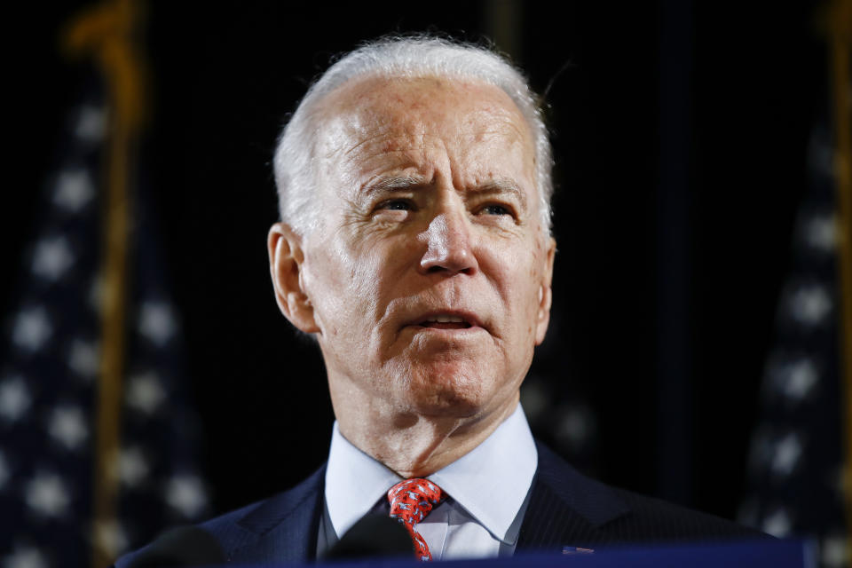 Democratic presidential candidate former Vice President Joe Biden speaks about the coronavirus Thursday, March 12, 2020, in Wilmington, Del. (AP Photo/Matt Rourke)