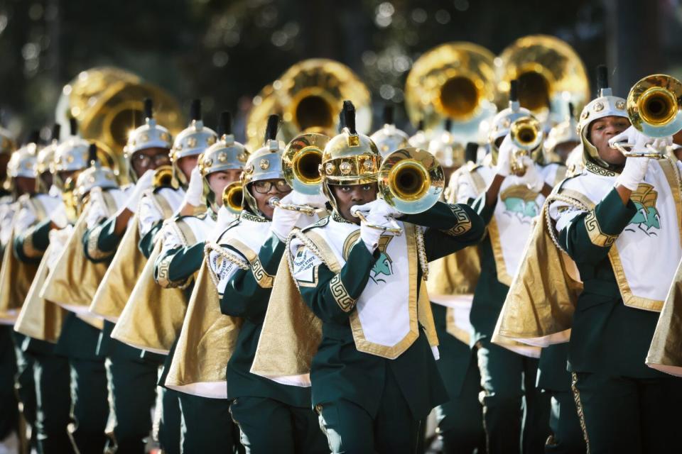 A marching band at the Rose Parade