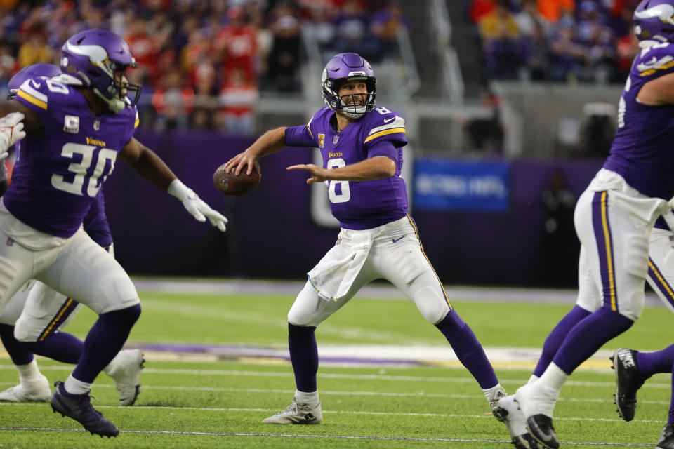 Minnesota Vikings quarterback Kirk Cousins (8) throws a pass during the second half of an NFL football game against the Kansas City Chiefs, Sunday, Oct. 8, 2023, in Minneapolis. (AP Photo/Bruce Kluckhohn)