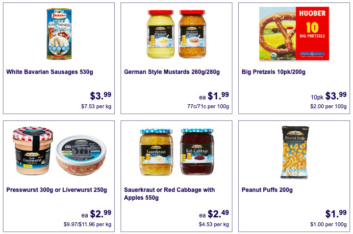 Various German foods and condiments selling as Aldi Special Buys.