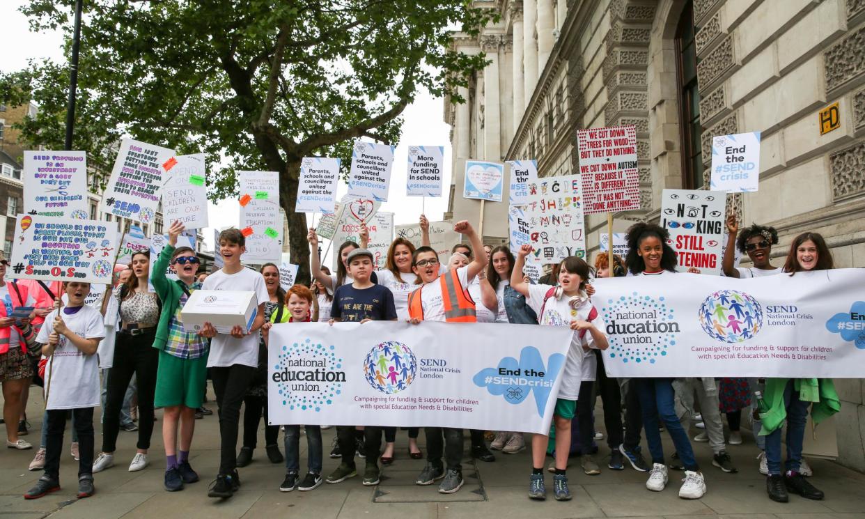 <span>Young protesters demanding better Send provision at a demonstration in central London in 2019. </span><span>Photograph: SOPA Images/LightRocket/Getty Images</span>