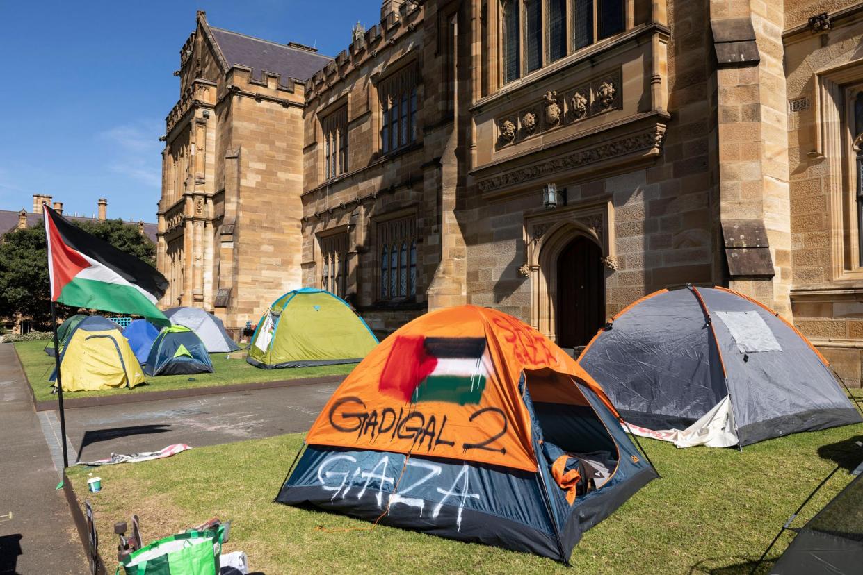 <span>The pro-Palestinian student protesters who set up the camp at the University of Sydney want disclosure of and divestment from all university activities that support Israel, as well as a ceasefire and the end of government ties to Israel.</span><span>Photograph: Jessica Hromas/The Guardian</span>