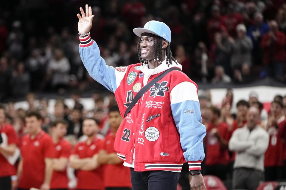 Jan 20, 2024; Columbus, Ohio, USA; Ohio State Buckeyes wide receiver Marvin Harrison Jr. is recognized during the NCAA men’s basketball game against the Penn State Nittany Lions at Value City Arena.
