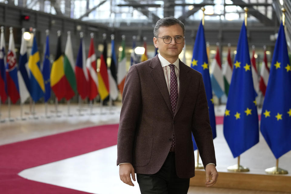 Ukraine's Foreign Minister Dmytro Kuleba arrives for a meeting of EU foreign ministers at the European Council building in Brussels, Monday, Dec. 11, 2023. Pressure mounted on Hungary on Monday not to veto the opening of European Union membership talks and the supply of economic aid to war-torn Ukraine at a pivotal EU summit this week, after Prime Minister Viktor Orban demanded that the issue be struck from the agenda. (AP Photo/Virginia Mayo)