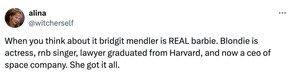 Tweet praising Bridgit Mendler for being an actress, R&B singer, Harvard Law graduate, and CEO of a space company